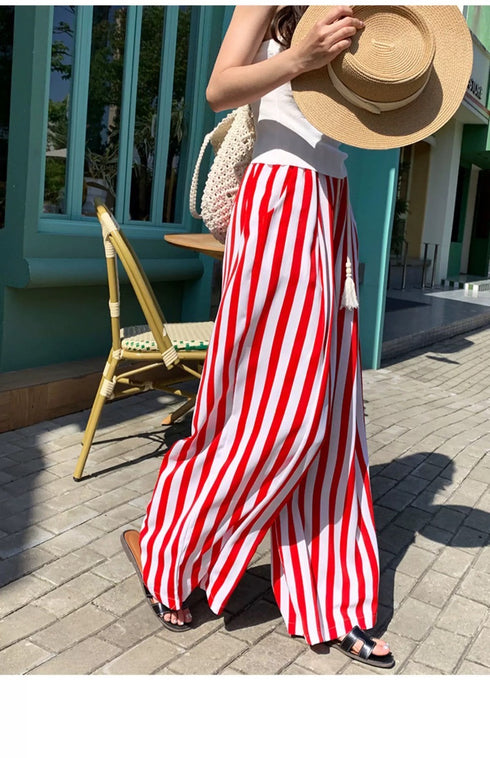 Ladies Wide Leg Stripes Long Trousers